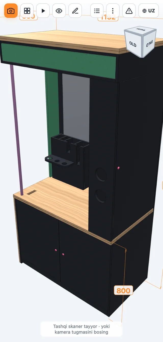 3D model realistik teksturalar bilan: yog'och, rangli panellar, o'lchamlar